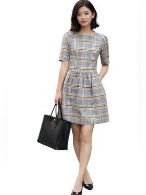 JASUN WU Plaid SL Mini A-Line Dress Gray Yellow Zipper Pockets Cotton Silk Sz 4